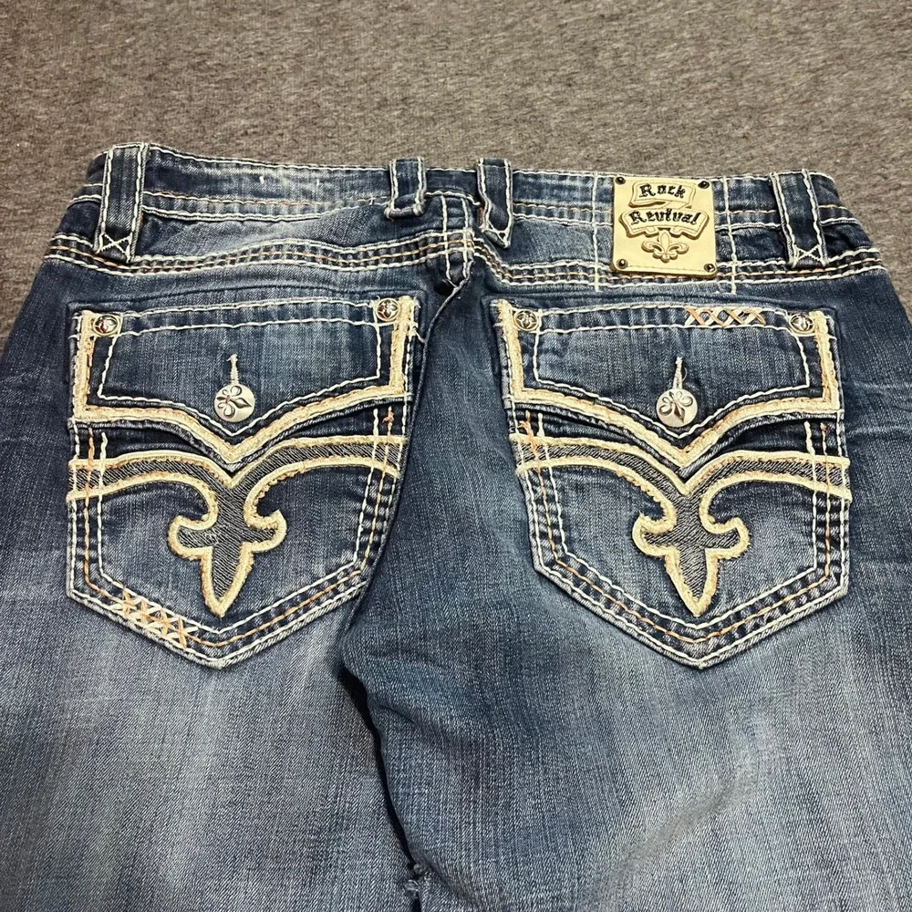 Rock Revival Pietro Bootcut Jeans Mens 36x32 Blue Distressed Thick Stitch Denim